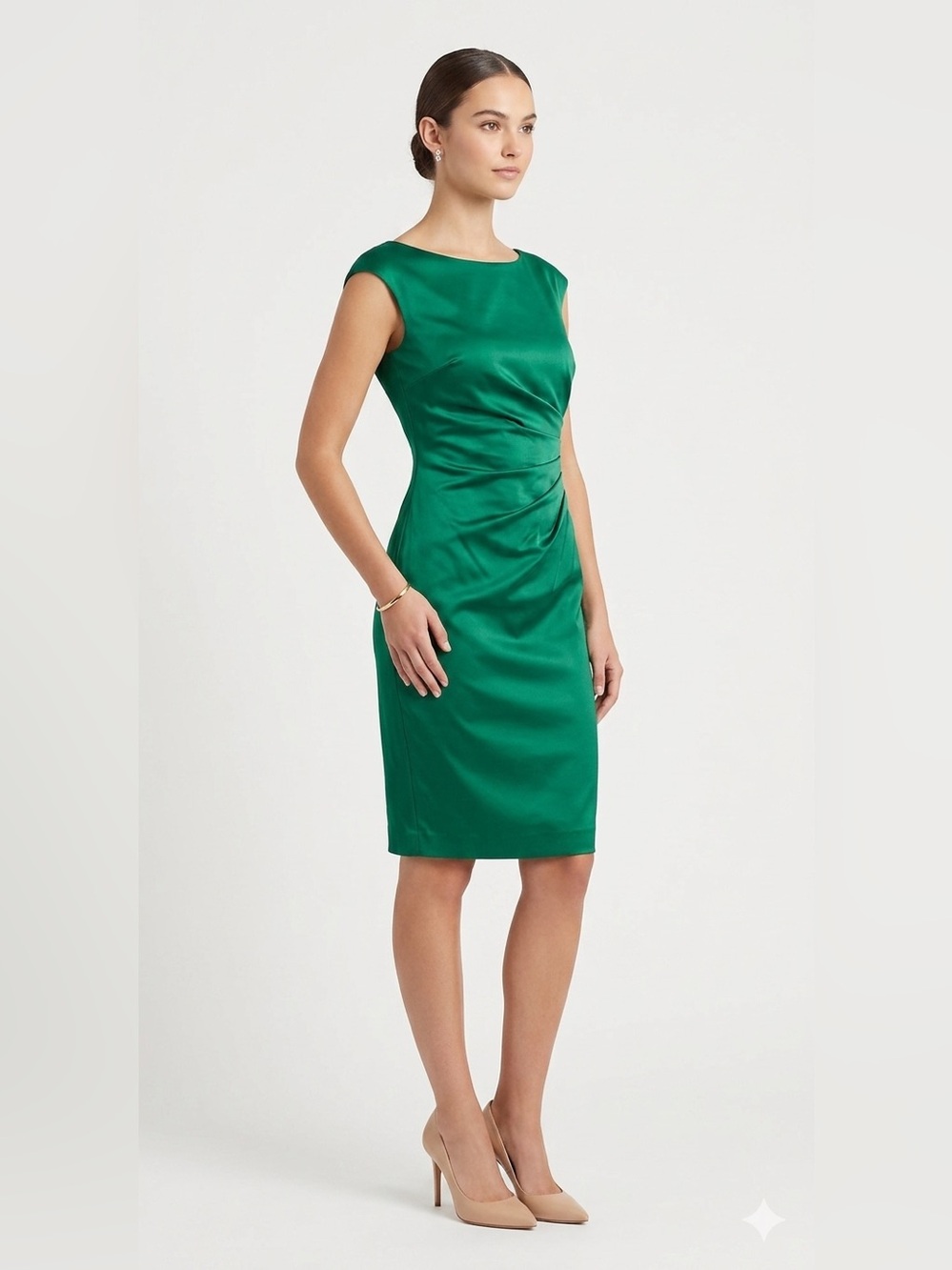 Lauren Ralph Lauren Emerald Green Satin Ruched Sheath Dress